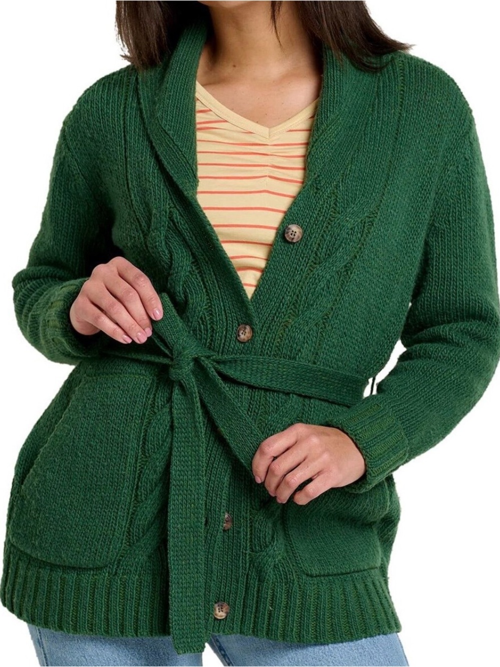 Toad & Co Ginn Cable Cardigan dark green recycled wool blend Sweater XS